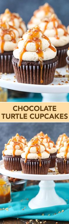 chocolate turtle cupcakes with caramel drizzle on top and white frosting