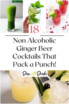 Collage of 4 non alcoholic ginger beer cocktails. Mock Tails With Ginger Beer, Drinks With Ginger Ale Non Alcoholic, Ginger Mocktail Non Alcoholic, Ginger Ale Cocktail Non Alcoholic, Mocktails Ginger Beer Non Alcoholic, Ginger Ale Drinks Non Alcoholic