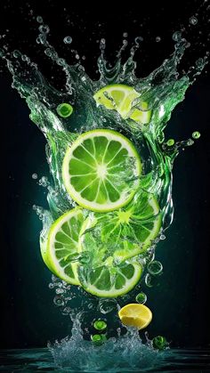 limes are falling into the water and being splashed on top of each other