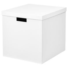 a white storage box with a black lid