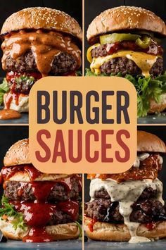 burger sauces with cheese, lettuce and tomato on buns in different stages