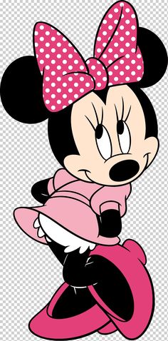 a cartoon minnie mouse with polka dots on her head and purple pants, sitting down