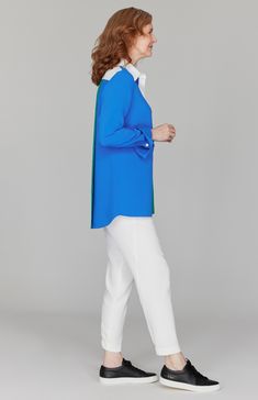 Our best-selling collared button down shirt, featuring a back overlap for beautiful movement and comfort. Now updated with new playful color blocked combinations. Color Block Button-up Tops For Work, Workwear Color Block Button-up Top, Chic Color Block Blouse For Work, Color Block Long Sleeve Work Blouse, Color Block Long Sleeve Blouse For Work, Modern Multicolor Tops For Work, Workwear Color Block Long Sleeve Blouse, Color Block Blouse For Work, Color Block Blouse For Workwear