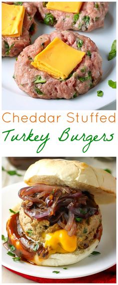 two pictures with different types of burgers on them and the words cheddar stuffed turkey burgers