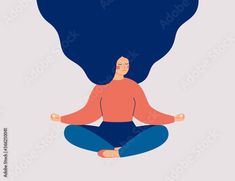 Stock Image: Young woman sits with cross-legged on the floor and meditates with closed eyes. Girl makes morning yoga, relaxes at home or breathing exercises. Body positive and health care concept. Vector Cross Legged, Closed Eyes, Body Positive, Breathing Exercises, Morning Yoga, On The Floor, Young Woman, The Floor, Body Positivity