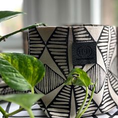 a potted plant sitting on top of a table next to a black and white bag