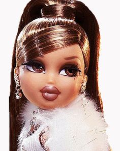 a close up of a barbie doll with long hair and big eyes wearing a white dress