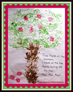 a child's handprinted tree with flowers on it and the words tree trunk at the bottom