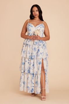 Meet Lola, your new go-to gown for bridesmaiding. Light and airy, tiered chiffon bridesmaid dress in Blue Rococo Floral is great for all black-tie occasions. This ruffle tiered dress is our ultra-feminine, flirty style perfect for showing off. | Blue Rococo Floral Bridesmaid Dress Chiffon Size 2X | Birdy Grey Lola Floral Bridesmaid Dress, Matching Bridesmaids Dresses, Patterned Bridesmaid, Bridesmaid Dress Chiffon, Matching Bridesmaids, Ruffle Tiered Dress, Floral Bridesmaid Dresses, Floral Prom Dresses, Birdy Grey