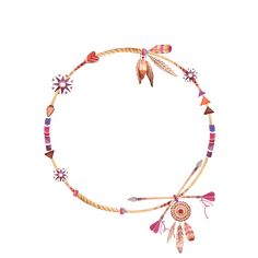 a necklace with feathers, beads and arrows in the shape of a circle on a white background