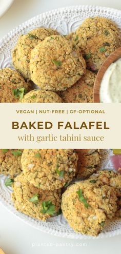 baked falafel with garlic and tahini sauce on a white platter