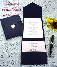 the wedding stationery is displayed on an iphone screen, with a pen and envelope