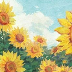 a painting of yellow sunflowers in a field