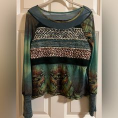 Nwot Kaktus Colorful Fun Top. * Size L Pit To Pit 20”, Shoulder To Hem 23” * Fun Colors, Pattern And Textures * Round Neck * Long Sheer Sleeve With Sweater Like Cuffs * Fun, Unique Top! Nwot, No Flaws Unique Top, Sheer Sleeves, Nice Tops, Blue Green, Round Neck, Womens Tops, Green, Pattern, Women Shopping