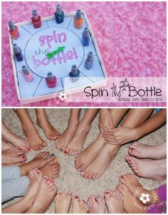 several different pictures of feet with nail polish on them and the words spin the bottle