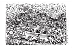 a black and white drawing of a van parked in front of a forest filled with trees