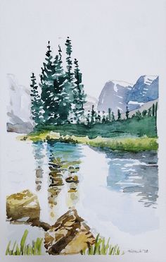 a watercolor painting of a mountain lake with trees and rocks in the foreground