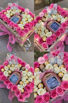 three pictures of pink roses and chocolates in a heart shaped box