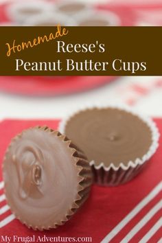 homemade reese's peanut butter cups on a red and white tablecloth with text overlay