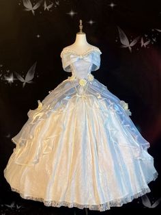 Item Details ： Product Number : SD1433 Silhouette: Ball Gown Sleeves :Short Sleeves Back Style: Zipper Cinderella Dress Aesthetic, Pretty Ball Gowns, Blue Princess Dress, Princess Dress Fairytale, Debut Dresses, Gaun Abad Pertengahan, Off Shoulder Ball Gown, Fairy Tale Wedding Dress, Quince Dress