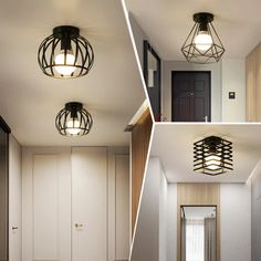 three pictures of the same light fixture in different rooms, one is black and white