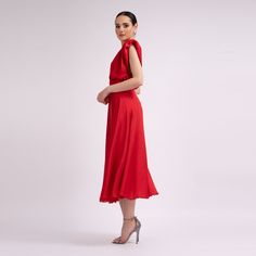 Midi draped dress, oversized shoulders and back closure with zipper and straps on the back. The waist is marked by a waistband, designed to create an hourglass silhouette. Dry clean only. Elegant Red Midi Dress With Draped Sleeves, Red Evening Dress With Draped Sleeves, Hourglass Silhouette, April Birthstone Jewelry, Red Midi, Gifts For New Mums, Red Midi Dress, Pearl Jewellery Earrings, Draped Dress