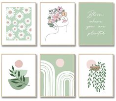 four green and pink wall art prints with flowers, plants, and words on them