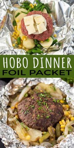 foil packet filled with meat and vegetables on top of it, next to an image of the