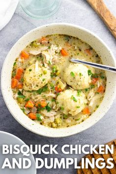 a white bowl filled with chicken and dumplings