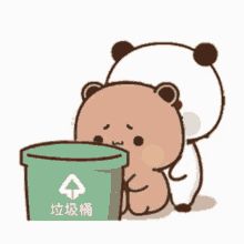 a cartoon bear holding onto a trash can