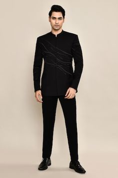 Black full sleeves bandhgala with synodic wave cutdana and bead embroidery. Paired with a trouser. - Aza Fashions Trouser Men, Suiting Fabric, Suit Fabric, Band Collar, Full Sleeves, Bead Embroidery, Mens Trousers, Aza Fashion, Full Sleeve