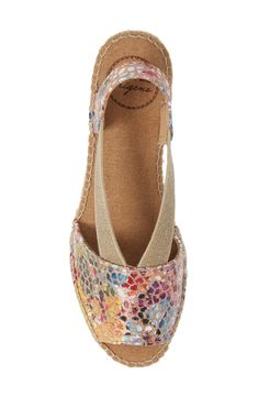 This open-toe, espadrille-inspired sandal with a colorfully printed upper, jute-wrapped wedge sole and handcrafted detail is the epitome of sunny style. 2 1/2" heel; 3/4" platform (size 39) Leather upper/synthetic and textile lining/synthetic sole Made in Spain Women's Shoes Multicolor Leather Wedge Sandals For Beach, Multicolor Slip-on Espadrilles For Beach, Multicolor Closed Toe Wedge Sandals For Vacation, Multicolor Closed Toe Sandals With Cushioned Footbed, Multicolor Closed Toe Sandals With Removable Insole, Multicolor Slip-on Espadrilles For Vacation, Multicolor Closed Toe Espadrilles, Multicolor Espadrille Sandals With Round Toe, Spring Multicolor Wedge Sandals With Cushioned Footbed