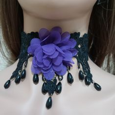 Purple Flower Gothic Choker Necklace Adjustable Purple Flower Necklace, Purple Flower Necklace With Flower Charm, Purple Flower Charm Necklace, Gothic Choker Necklace, Gothic Choker, Three Strand Necklace, Akoya Pearl Necklace, Fan Necklace, Heart Choker Necklace