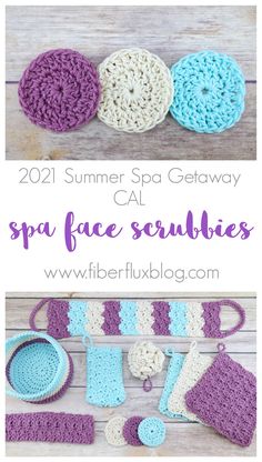 crocheted spa accessories and the text summer spa getaway cal spa face scrubbies