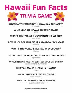 the hawaii fun fact trivia game is shown in pink and orange with flowers on it