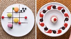 two plates with different desserts on them, one is white and the other is red