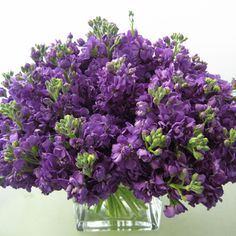 a glass vase filled with purple flowers on top of a table