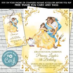 beauty and the beast birthday party printables with free thank you card and tags