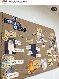 a bulletin board with pictures and words on it