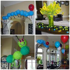 balloons, flowers and streamers decorate the entryway to a house for a caterpillar themed birthday party