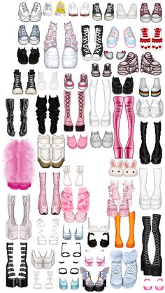 an assortment of doll shoes and accessories are shown in this image, including high heeled boots