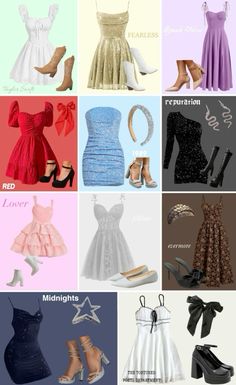 the different types of dresses and shoes are shown in this image, including high heeled sandals