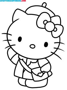 the hello kitty coloring page is shown in this image, it shows how to draw and color