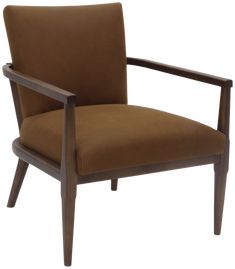 a brown chair sitting on top of a white floor next to a wooden frame and armrest