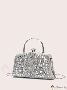 BirdinBag - Elegant Rhinestone-Embellished Small Box Bag for Weddings, Proms, and Special Events Evening Crystal Bag In Rectangular Shape, Crystal Evening Bag, Rectangular Shape, Rectangular Crystal Shoulder Bag For Events, Evening Crystal Rectangular Bag, Rectangular Crystal Evening Bag, Silver Handheld Box Bag For Evening, Glamorous Rectangular Bags For Prom, Crystal Handheld Bags For Events, Elegant Crystal Bags For Prom