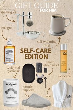 the gift guide for him includes self - care products, and other essentials to help you