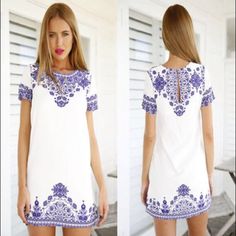 Ships Within 1.5 Weeks White Shift Mini Dress For Vacation, White Bohemian Printed Mini Dress, Bohemian White Printed Mini Dress, White Bohemian Mini Dress With Print, White Boho Print Mini Dress For Spring, Spring White Boho Print Mini Dress, Blue Bohemian Shift Mini Dress, White Bohemian Mini Dress With Floral Embroidery, Summer White Shift Mini Dress