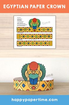 Ancient Egypt paper scarab crown printable. This printable paper crown is perfect for a Birthday party or just an afternoon craft with the kids. A great way to entertain any ancient Egypt fan. Check out our other available printable crafts. #egyptianparty #ancientEgypt #printablepapercrown #egyptiancrown #birthdaycrown #ancientegyptcraft #kidscraft #kidsactivity Egyptian Day At School, How To Make Egyptian Headdress, Diy Pharaoh Headpiece, Pharaoh Headdress Craft, Fun Egyptian Activities, Egyptian Crown, Crown Printable