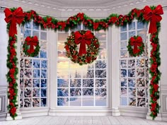 an image of a christmas window scene with wreaths and decorations on the windowsill