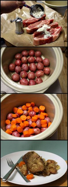 there are four pictures of different foods in the same bowl and one has meat, potatoes, carrots, and broccoli